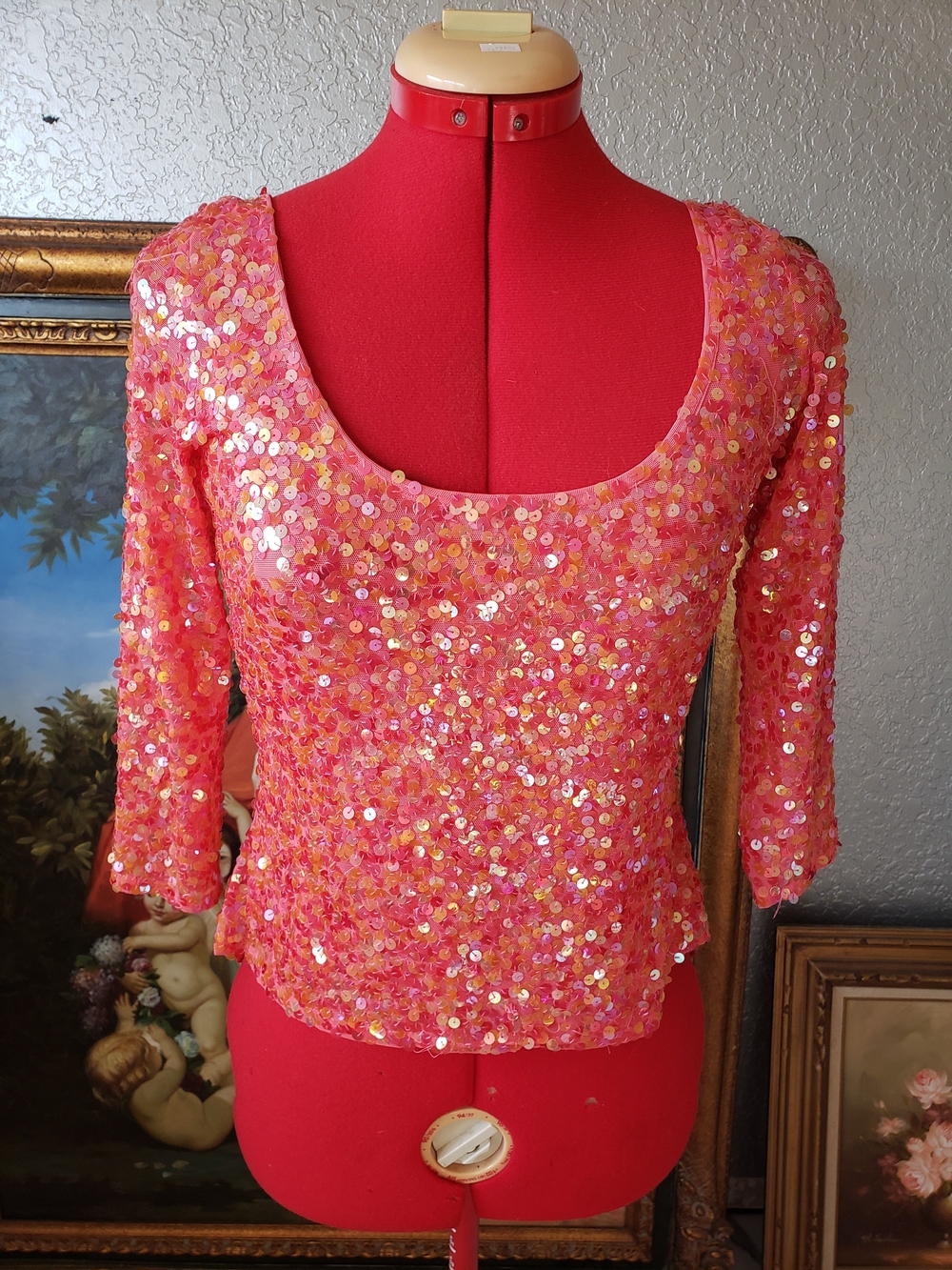 Lillie Rubin Pink Coral Sequin Scoop-Neck Top